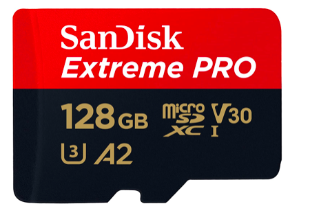 SanDisk 128GB Extreme microSDXC card.